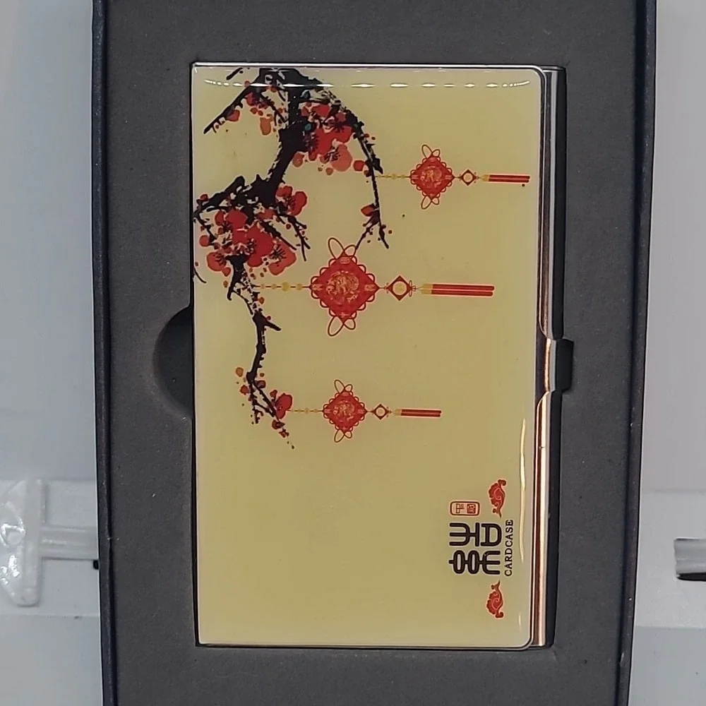 Cardcase Business Card Holder Men Woman Silver Cream Cherry Blossom Asian Design